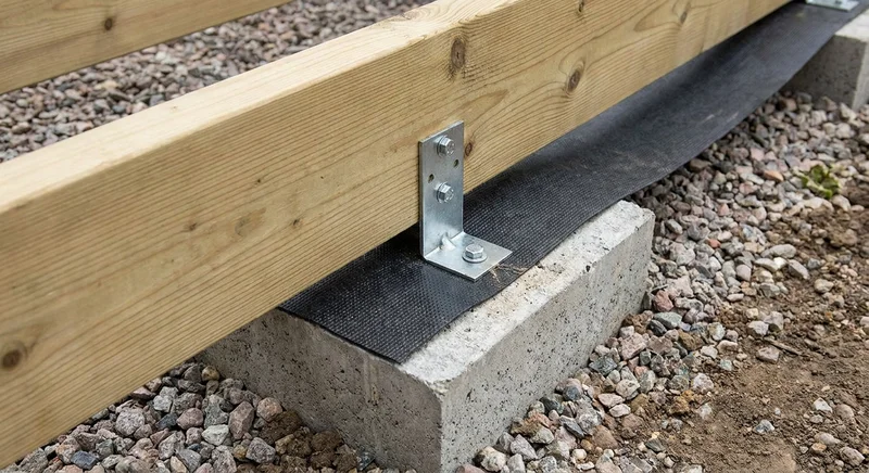 Legar tarasowy przymocowany metalowym kątownikiem do betonowego bloczka z izolacją przeciwwilgociową.